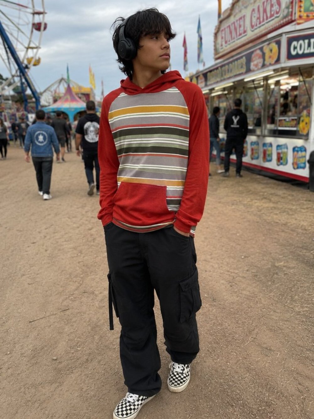 Y2K Skater long sleeve tshirt Striped Pullover Red Hood Kangaroo Pocket Large